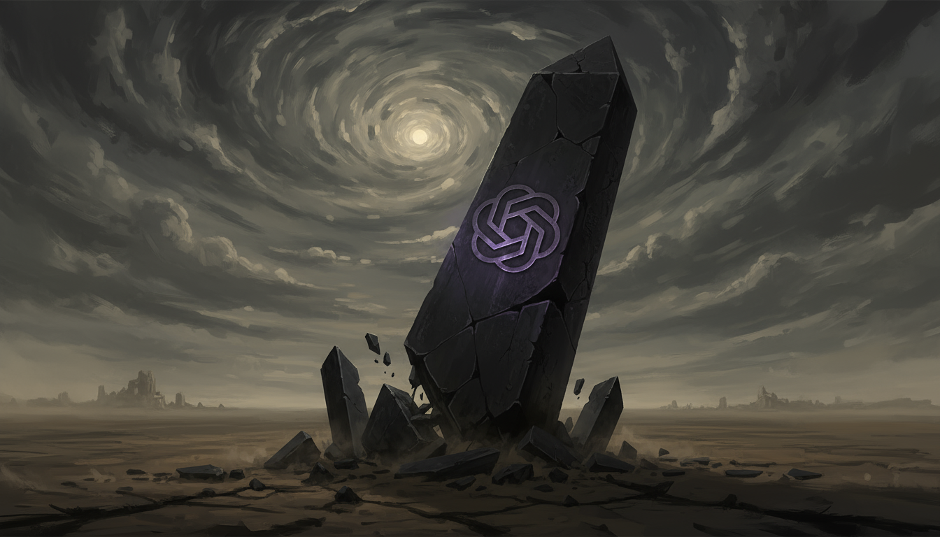 A large black crumbling obelisk with the OpenAI logo under a twisting sky